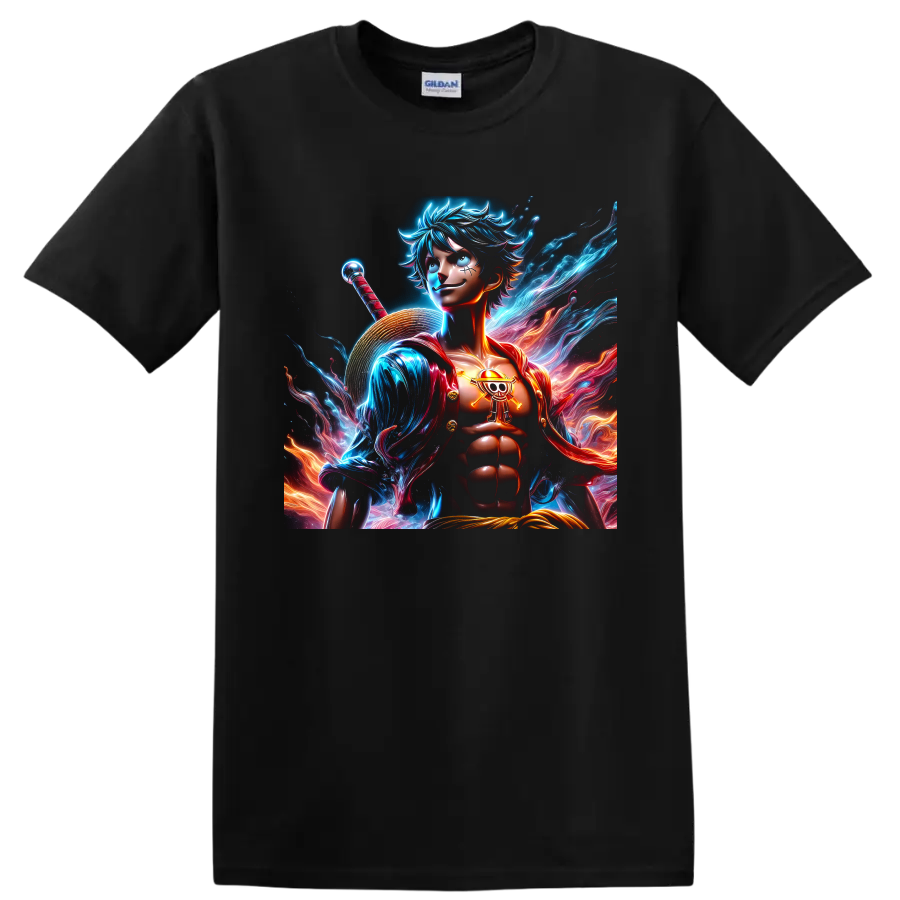 Monkey D. Luffy Gear 5 neon anime pirate warrior with straw hat and energy waves on a Black T Shirt