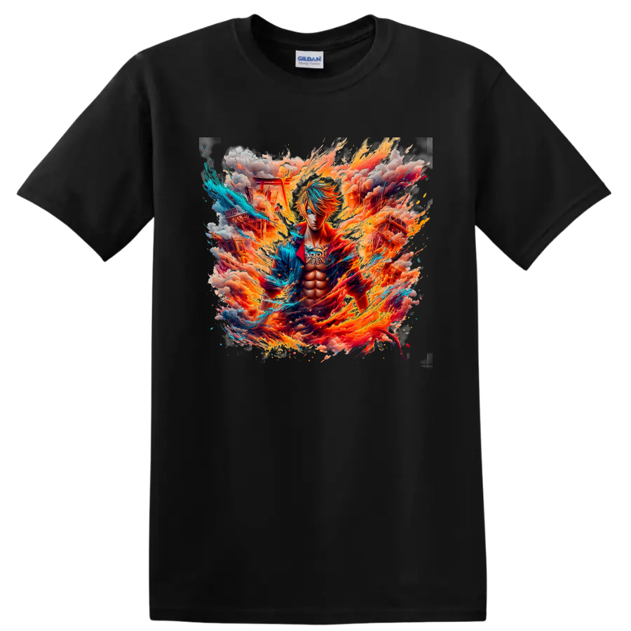 Sanji One Piece anime warrior graphic with flames, blue energy, smoke, and ruins on a Black T Shirt