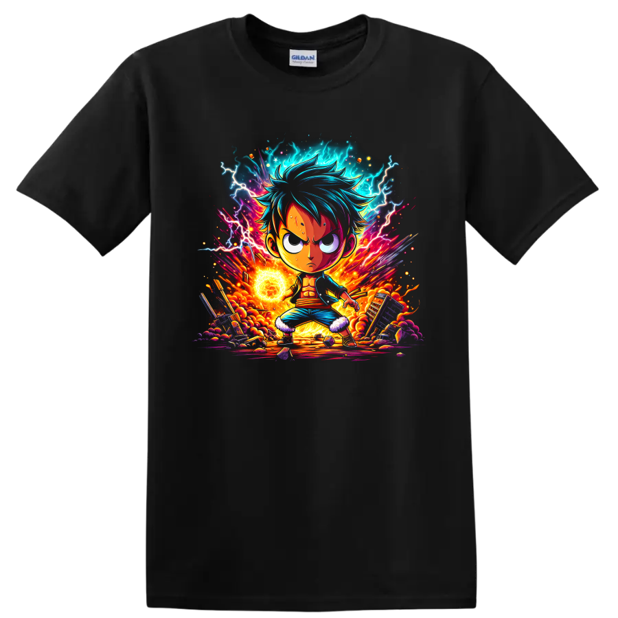 Monkey D. Luffy anime hero graphic with lightning, fire, glowing energy, and rubble on a Black T Shirt