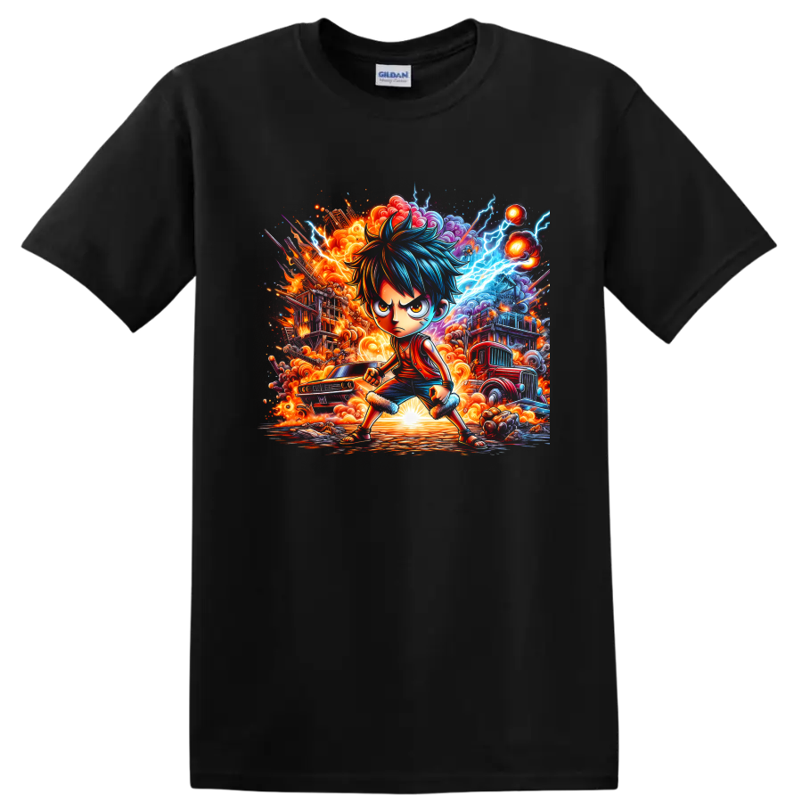 Monkey D. Luffy Gear 5-inspired anime fighter with fiery clouds and blue lightning on a Black T Shirt