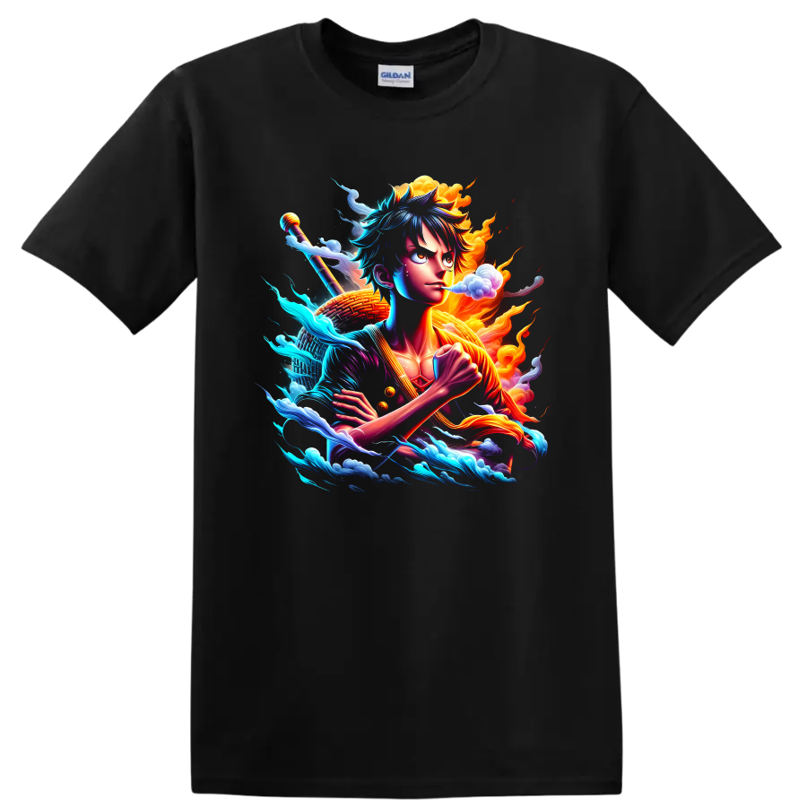 Monkey D. Luffy Gear 5-inspired anime action art with waves, clouds, and flames on a Black T Shirt
