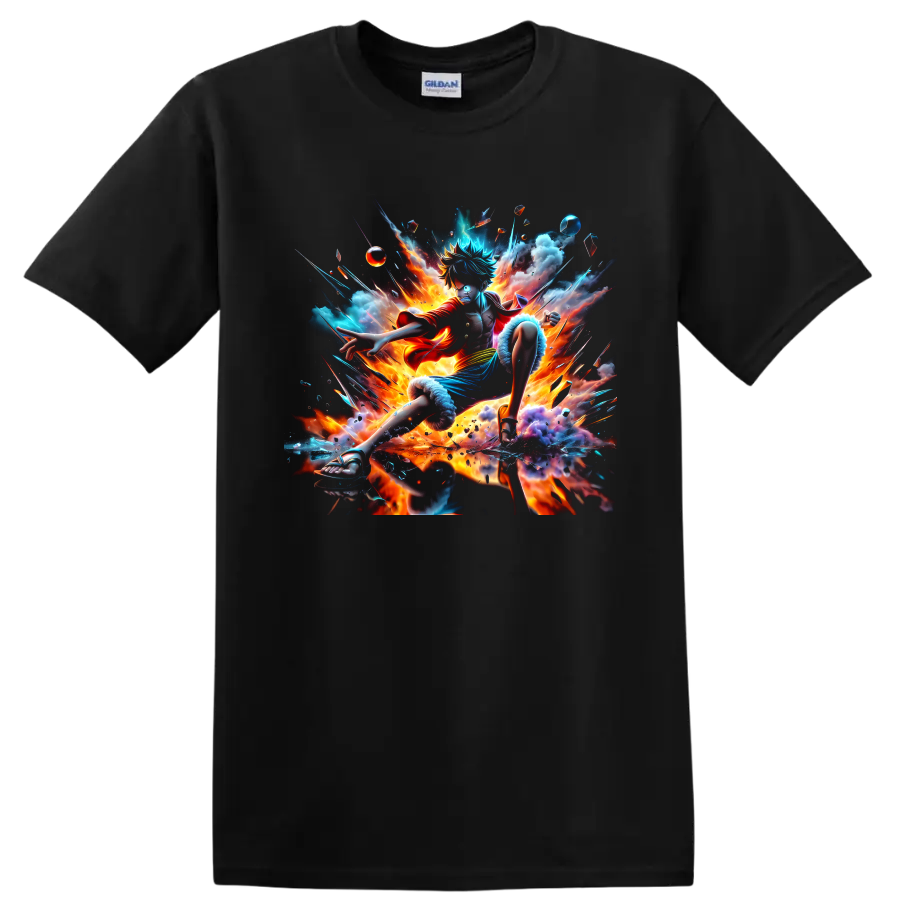 Monkey D. Luffy Gear 5 fiery anime action graphic with clouds and energy bursts on a Black T Shirt