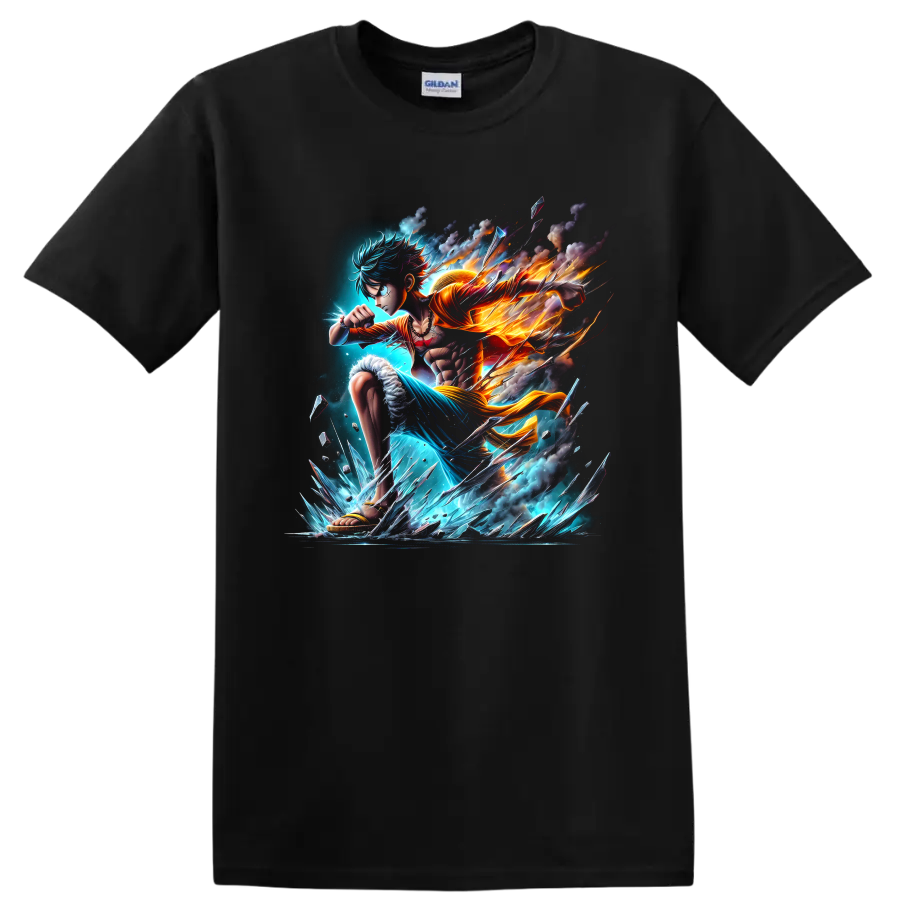 Monkey D. Luffy Gear 5-inspired anime warrior with fire, blue energy, and ice shards on a Black T Shirt