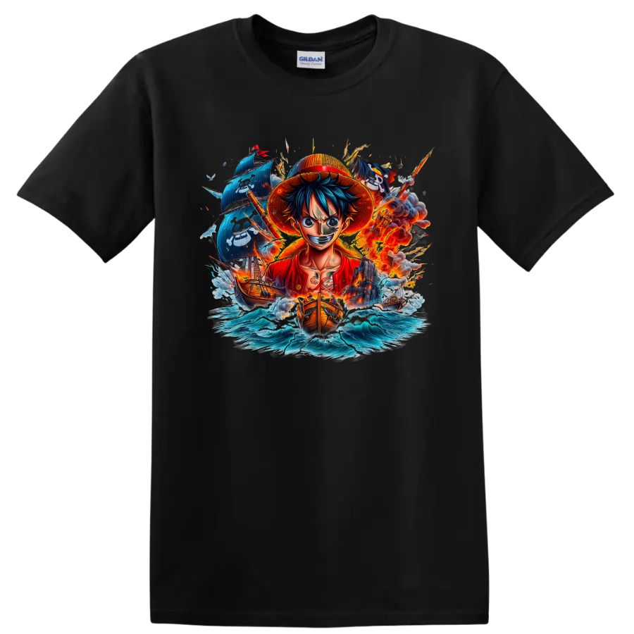 Monkey D. Luffy anime pirate graphic with ships, ocean waves, and fiery action on a Black T Shirt