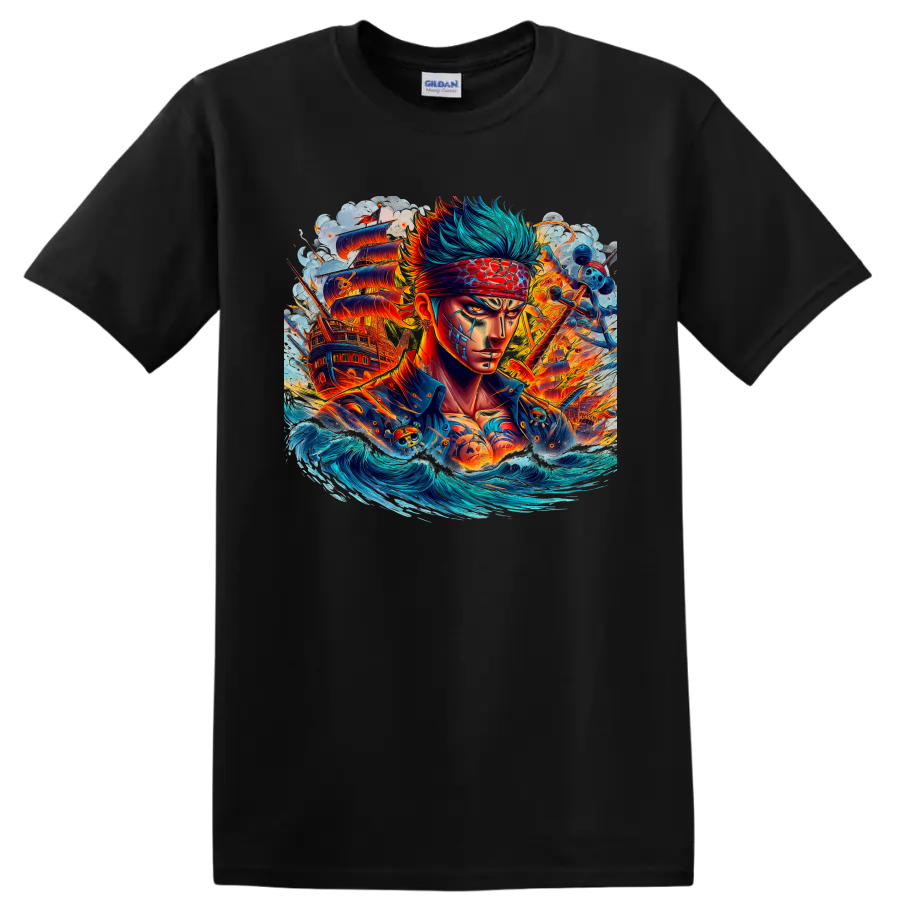 Roronoa Zoro anime pirate portrait with ships, crashing waves, and fiery energy on a Black T Shirt