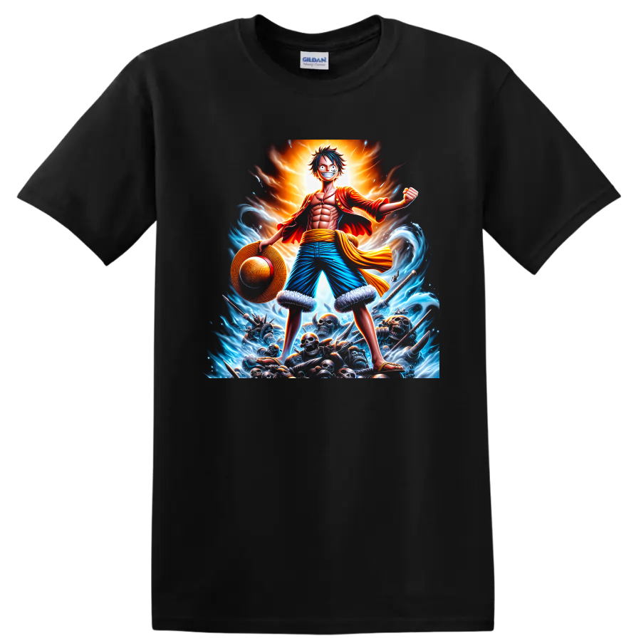 Monkey D. Luffy One Piece pirate battle graphic with waves, straw hat, and glowing aura on a Black T Shirt