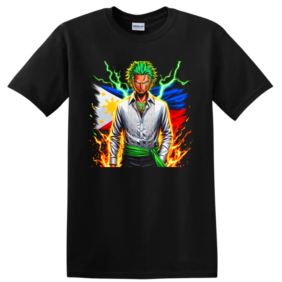 Roronoa Zoro anime graphic with Philippine flag, green lightning, and flames on a Black T Shirt