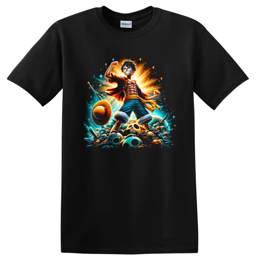 Monkey D. Luffy anime pirate hero graphic with straw hat, swords, skulls, and radiant on a Black T Shirt