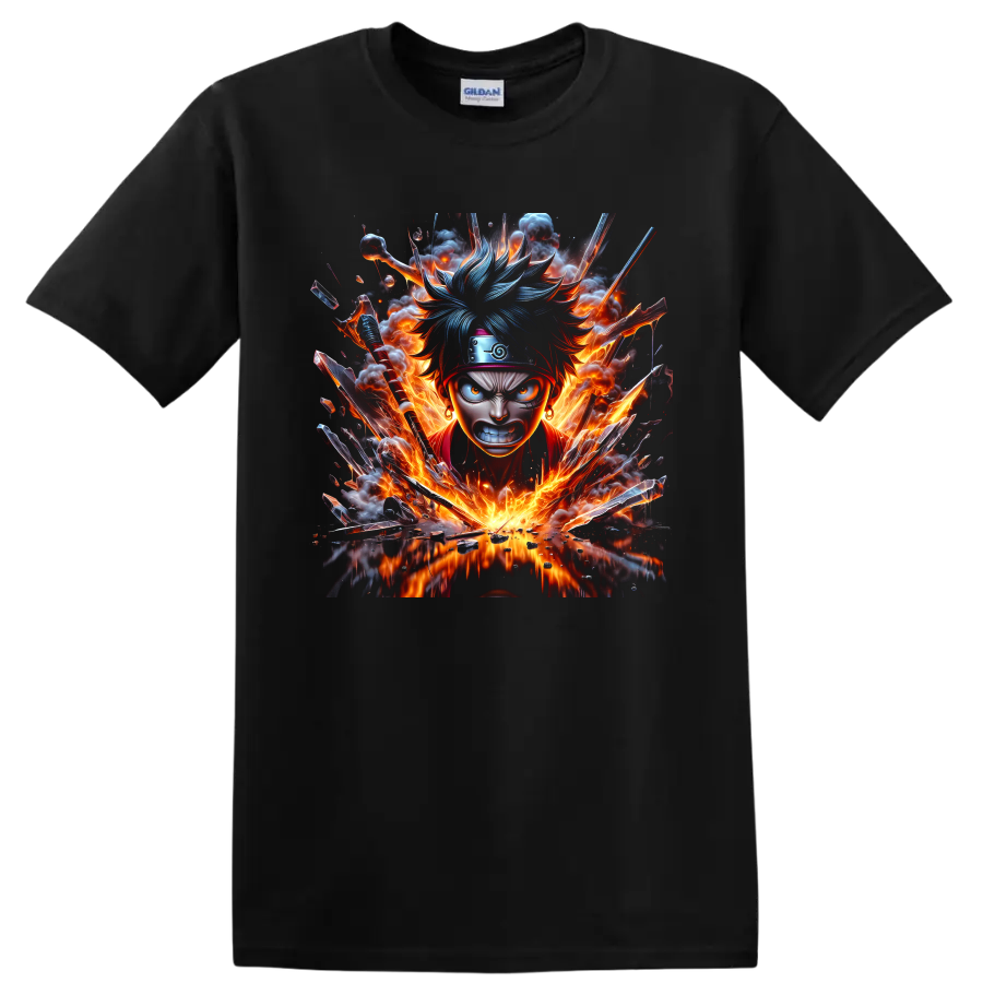 Naruto Uzumaki fiery anime ninja portrait with blue-toned hair and explosive battle art on a Black T Shirt