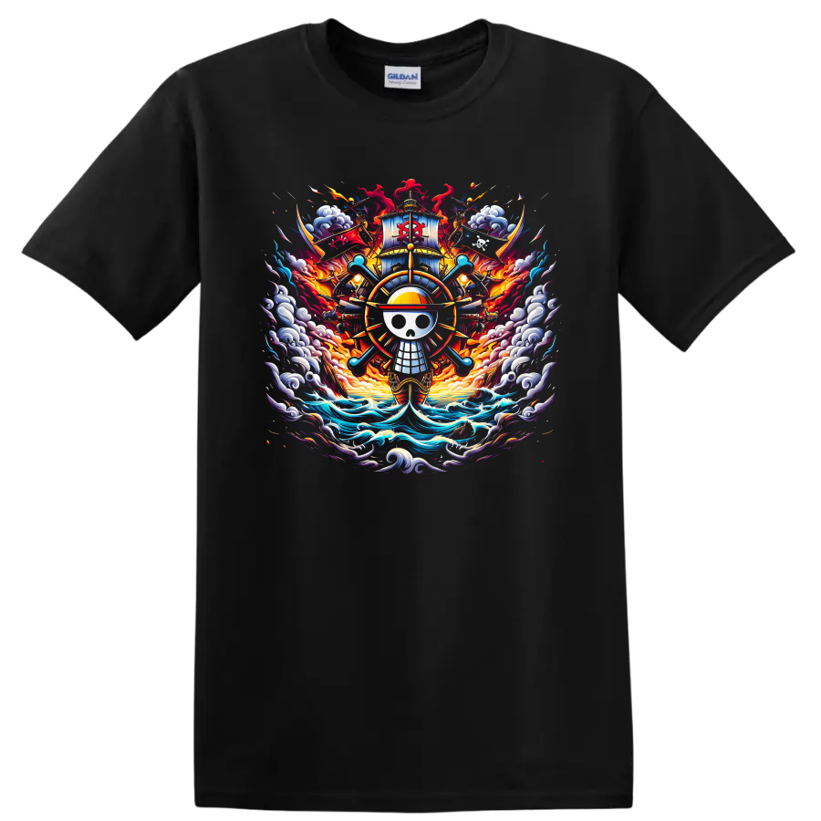 One Piece Straw Hat Pirates skull emblem with ship, waves, and fiery anime art on a Black T Shirt