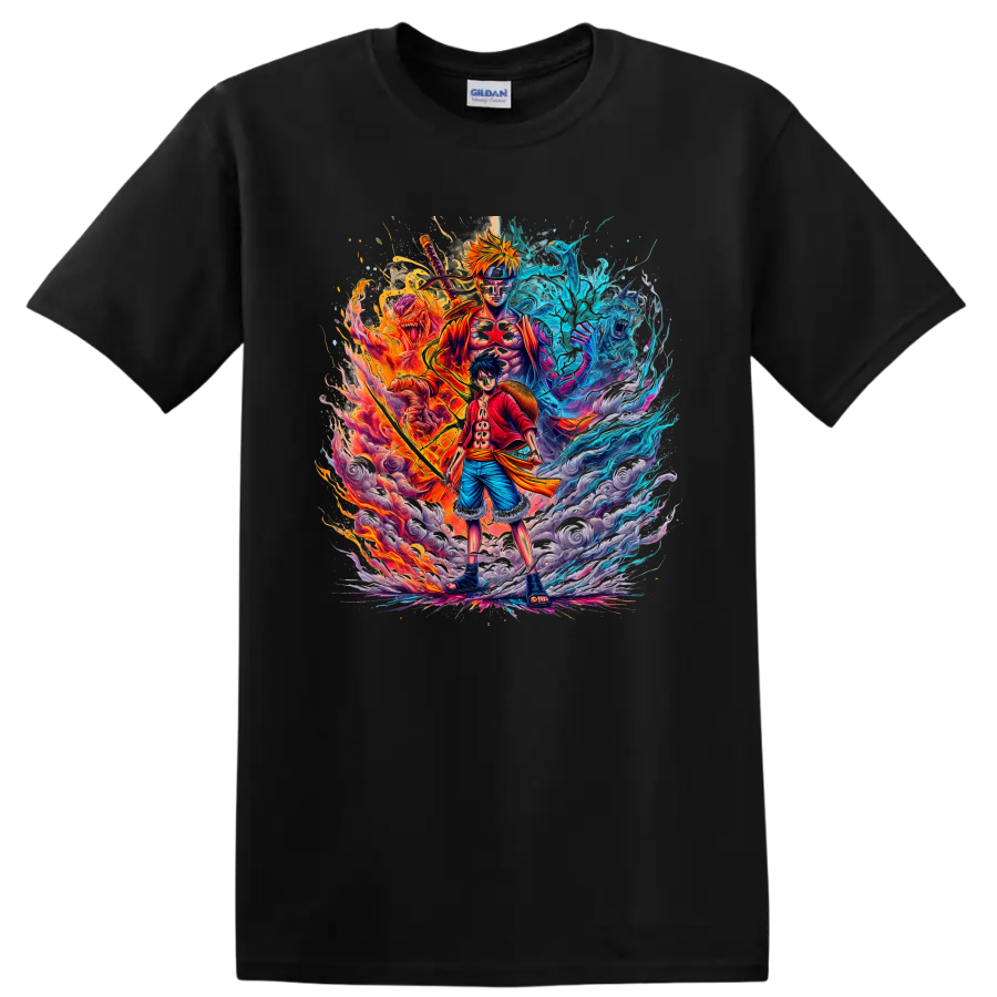 Monkey D. Luffy and Naruto Uzumaki fire and water anime graphic art on a Black T Shirt