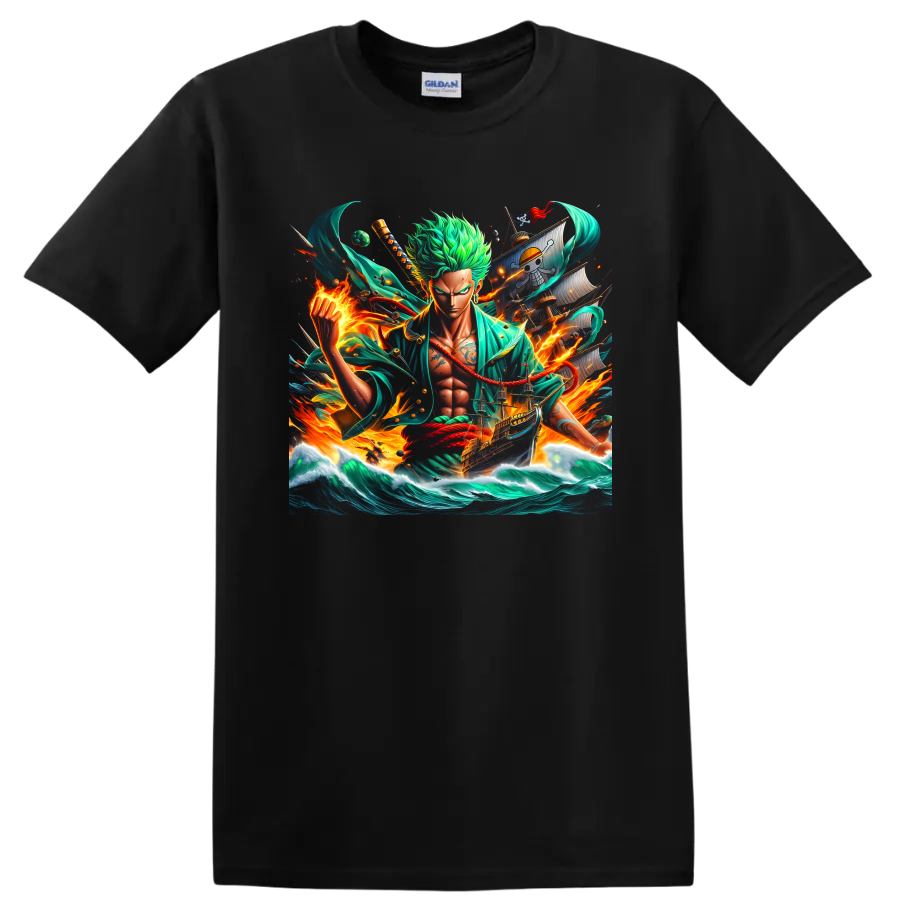 Roronoa Zoro anime swordsman with pirate ship, ocean waves, and fiery energy on a Black T Shirt