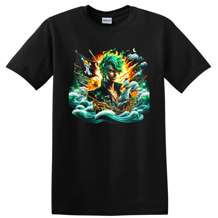 Roronoa Zoro anime fantasy art with pirate ships, ocean waves, clouds, and fiery light on a Black T Shirt