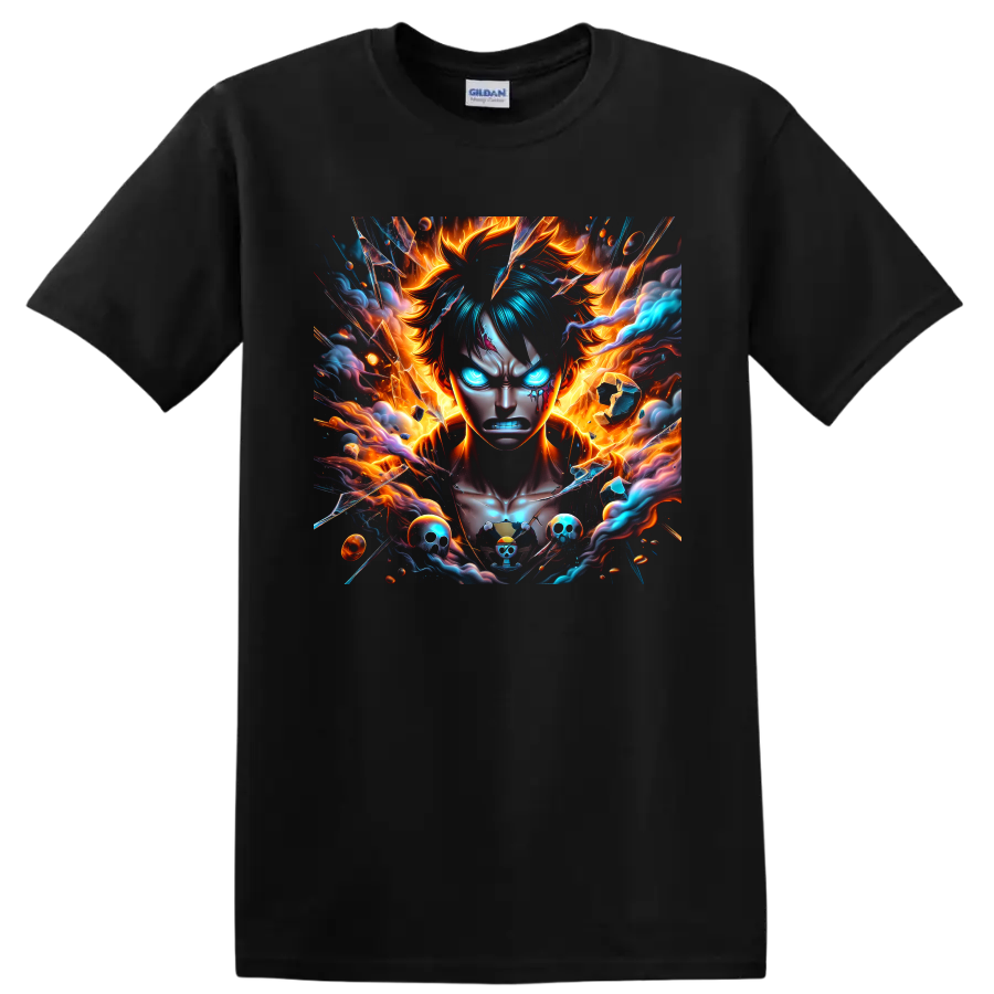 Monkey D. Luffy Gear 5 anime portrait with flames, blue energy, and pirate skulls on a Black T Shirt