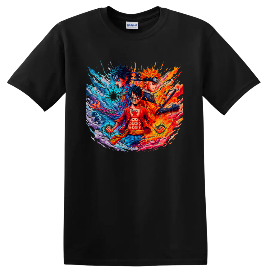 Monkey D. Luffy, Naruto Uzumaki and Sasuke Uchiha in fiery anime energy art on a Black T Shirt
