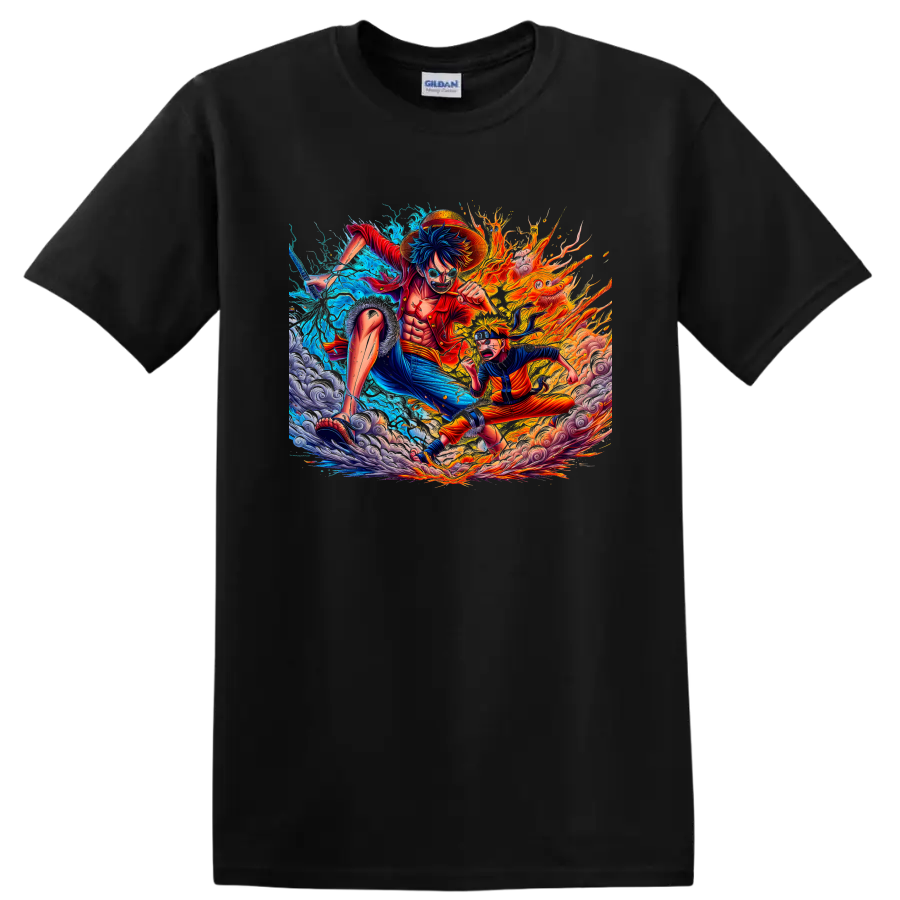 Monkey D. Luffy and Naruto Uzumaki in fiery water anime battle artwork on a Black T Shirt