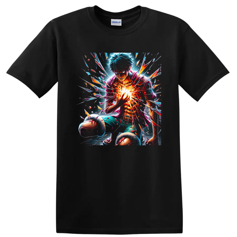 Monkey D. Luffy energy burst with shattered-glass anime action art on a Black T Shirt