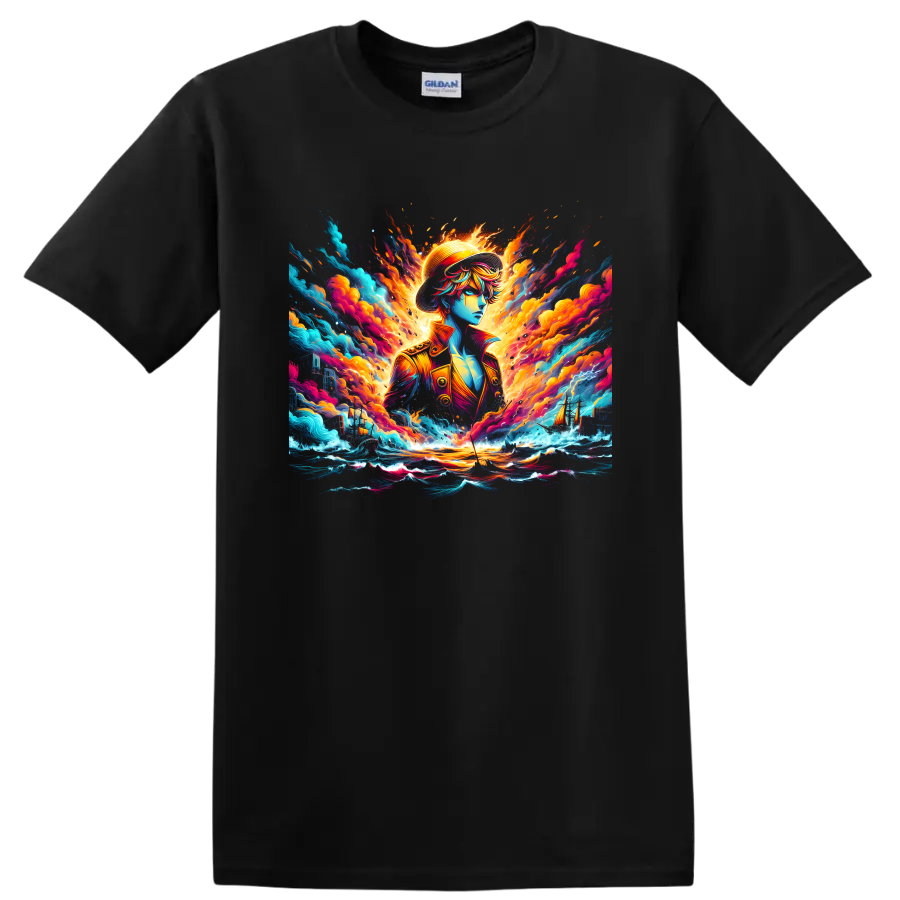Monkey D. Luffy anime pirate in fiery ocean waves and colorful sailing ship art on a Black T Shirt
