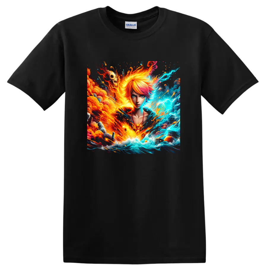 Anime-style fantasy girl with fiery waves, electric ocean energy, and surreal skull art on a Black T Shirt