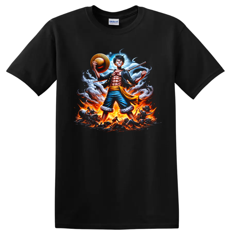 Monkey D. Luffy Gear 5 anime battle art with straw hat, sword, smoke, and flames on a Black T Shirt