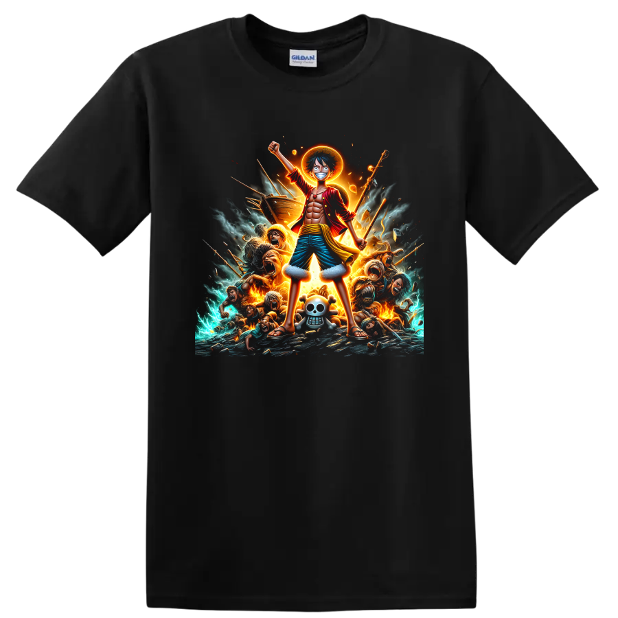 Monkey D. Luffy with a sun halo in a fiery pirate battle anime graphic on a Black T Shirt