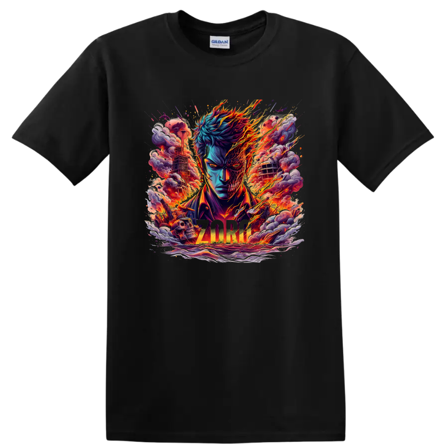 Roronoa Zoro fiery anime swordsman graphic with flames, smoke, swords, and ZORO text on a Black T Shirt