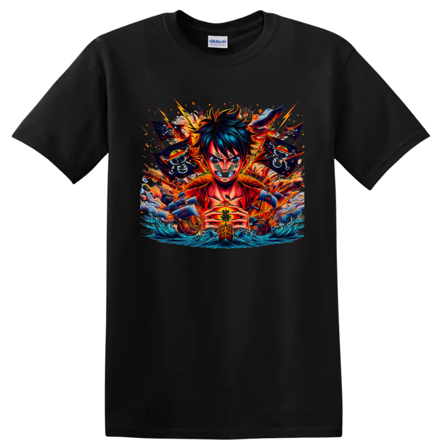 Monkey D. Luffy anime pirate graphic with ships, skull flags, fire, and ocean waves on a Black T Shirt