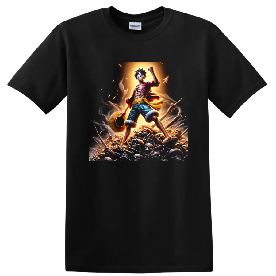 Monkey D. Luffy anime warrior graphic with raised fist, straw hat, swords, and skulls on a Black T Shirt