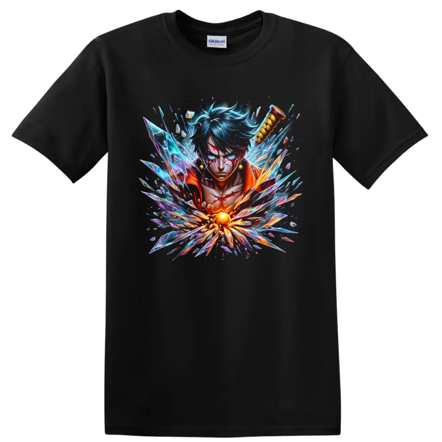 Monkey D. Luffy Gear 5 Sun God Nika anime portrait with explosive crystal shards on a Black T Shirt
