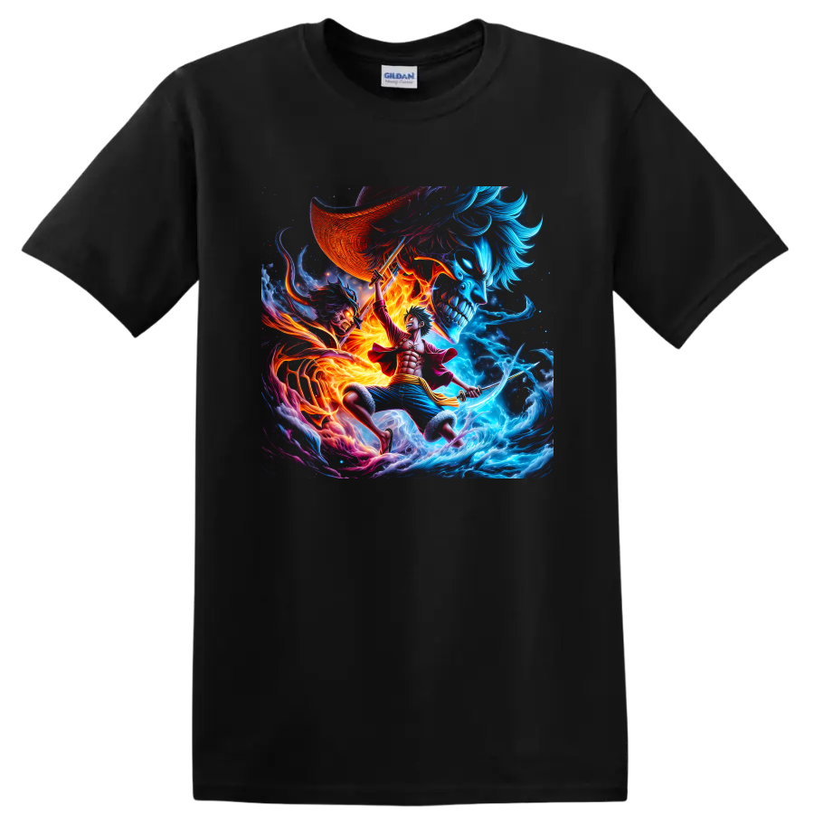 Monkey D. Luffy Gear 5 anime pirate battle graphic with fiery waves and skull imagery on a Black T Shirt