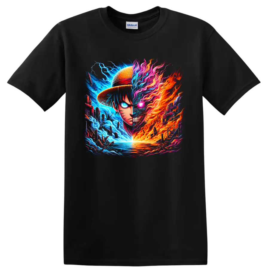 Naruto Uzumaki and Monkey D. Luffy split fire and water anime battle artwork on a Black T Shirt