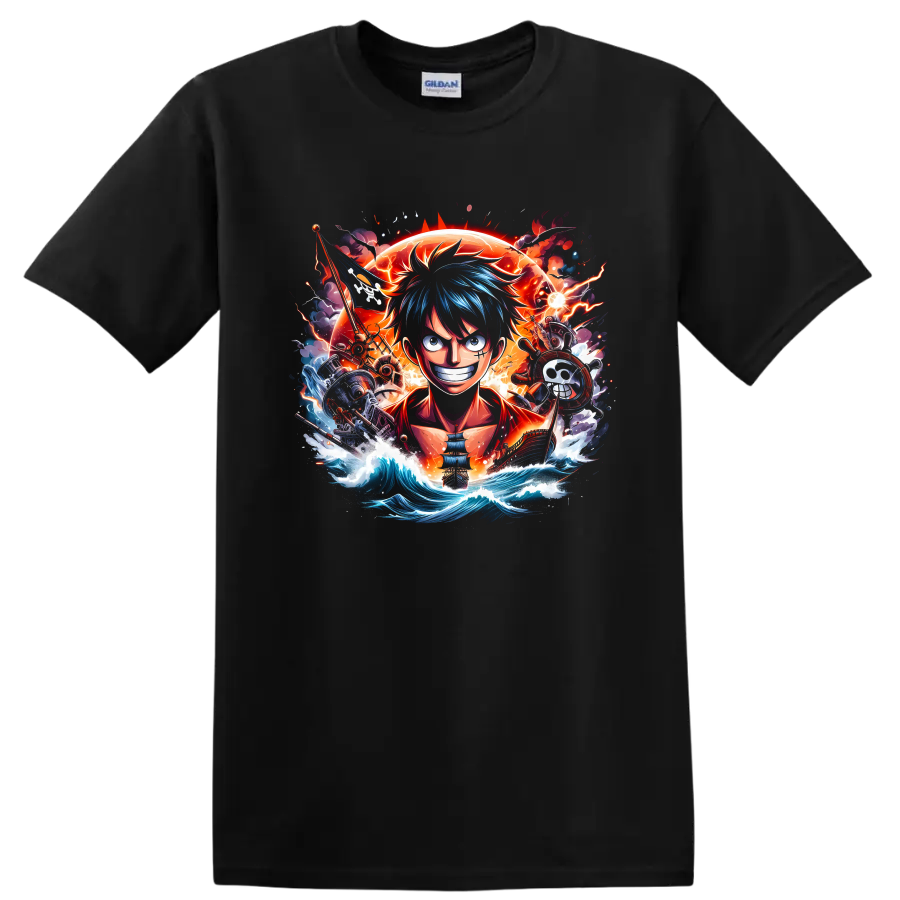 Monkey D. Luffy anime pirate graphic with ship, blazing sun, lightning, and ocean waves on a Black T Shirt