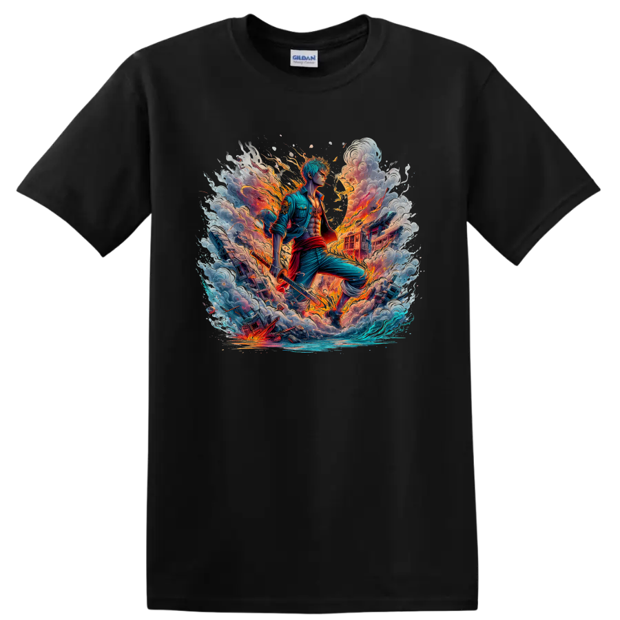 Roronoa Zoro anime swordsman amid fire, storm clouds, ocean waves, and ships on a Black T Shirt