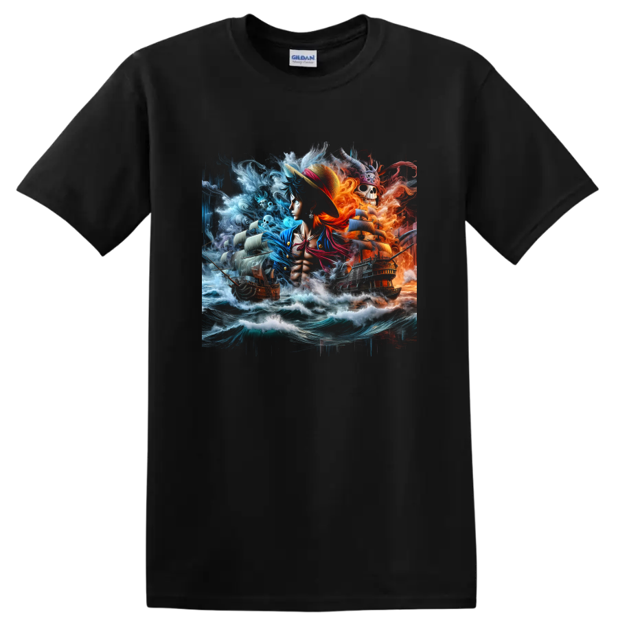 Monkey D. Luffy anime pirate art with storm waves, sailing ships, and fiery skull scene on a Black T Shirt
