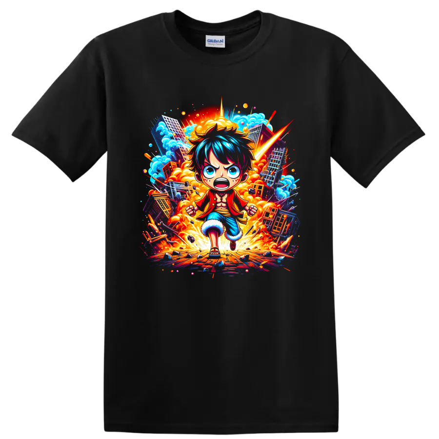 Monkey D. Luffy running through an explosive city in vivid anime action art on a Black T Shirt