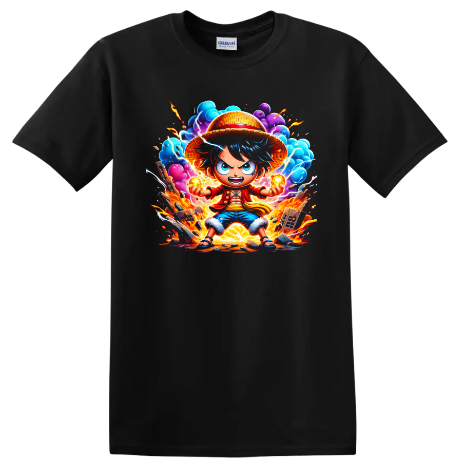 Monkey D. Luffy straw hat anime action graphic with fire, lightning, and colorful clouds on a Black T Shirt