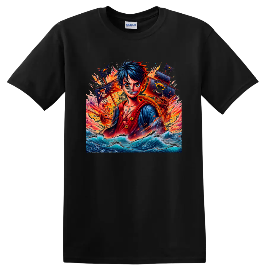 Monkey D. Luffy anime art with pirate ships, Jolly Roger flags, fire, and ocean waves on a Black T Shirt