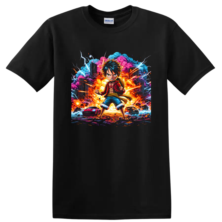 Monkey D. Luffy in explosive city anime art with lightning and fiery clouds on a Black T Shirt