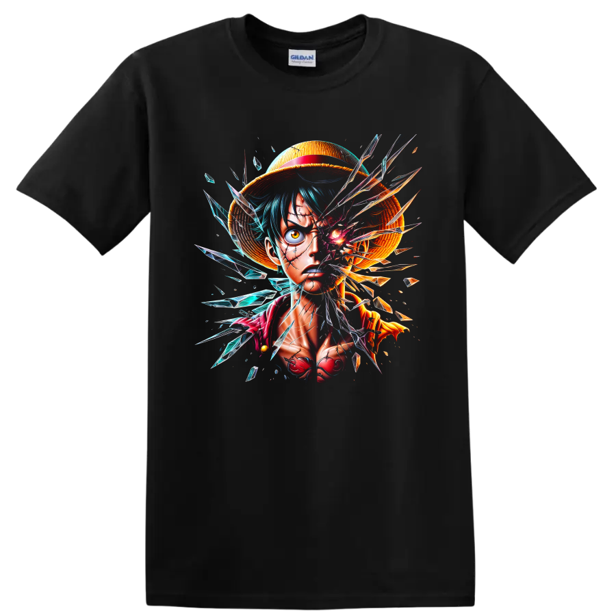 Monkey D. Luffy shattered-glass anime portrait with straw hat and crystal shards on a Black T Shirt