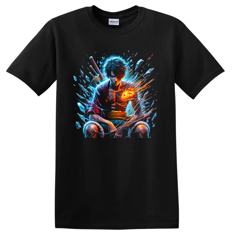 Sanji-inspired anime warrior graphic with blue crystals and blazing fire energy on a Black T Shirt