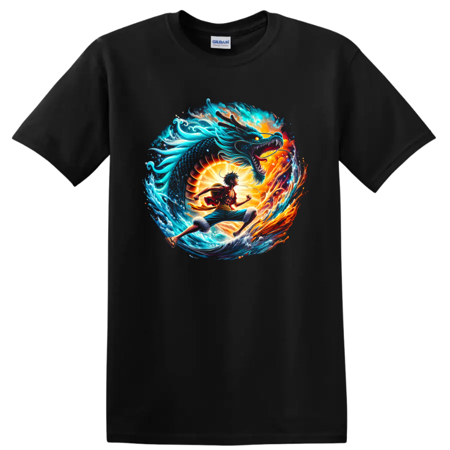 Monkey D. Luffy and Kaido dragon battle in vibrant ocean and fire anime art on a Black T Shirt