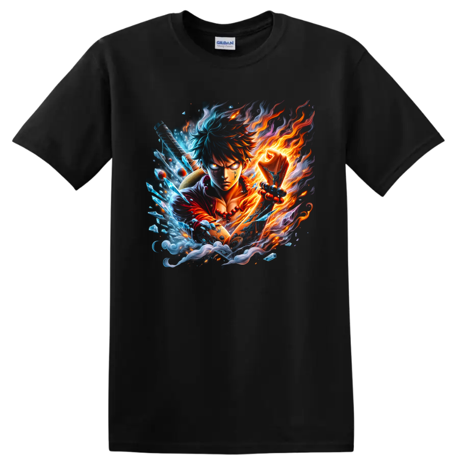 Monkey D. Luffy Gear 5 anime warrior with fiery and icy elemental action art on a Black T Shirt