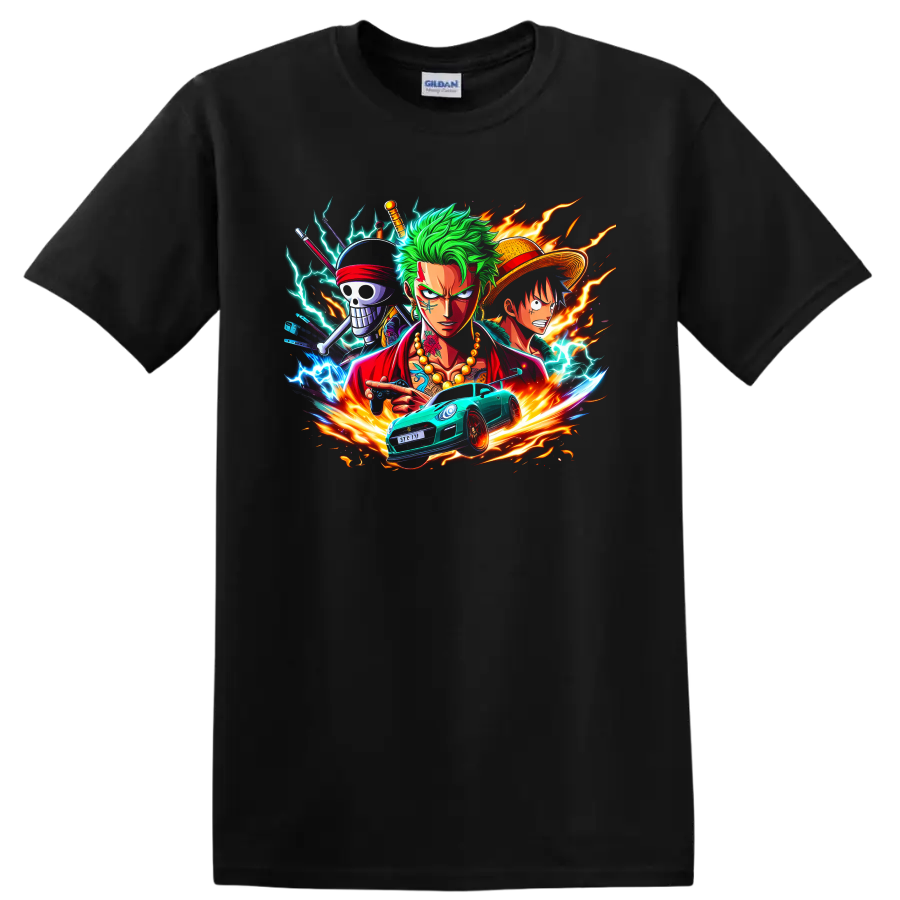 Roronoa Zoro and Monkey D. Luffy anime action graphic with lightning and race car on a Black T Shirt
