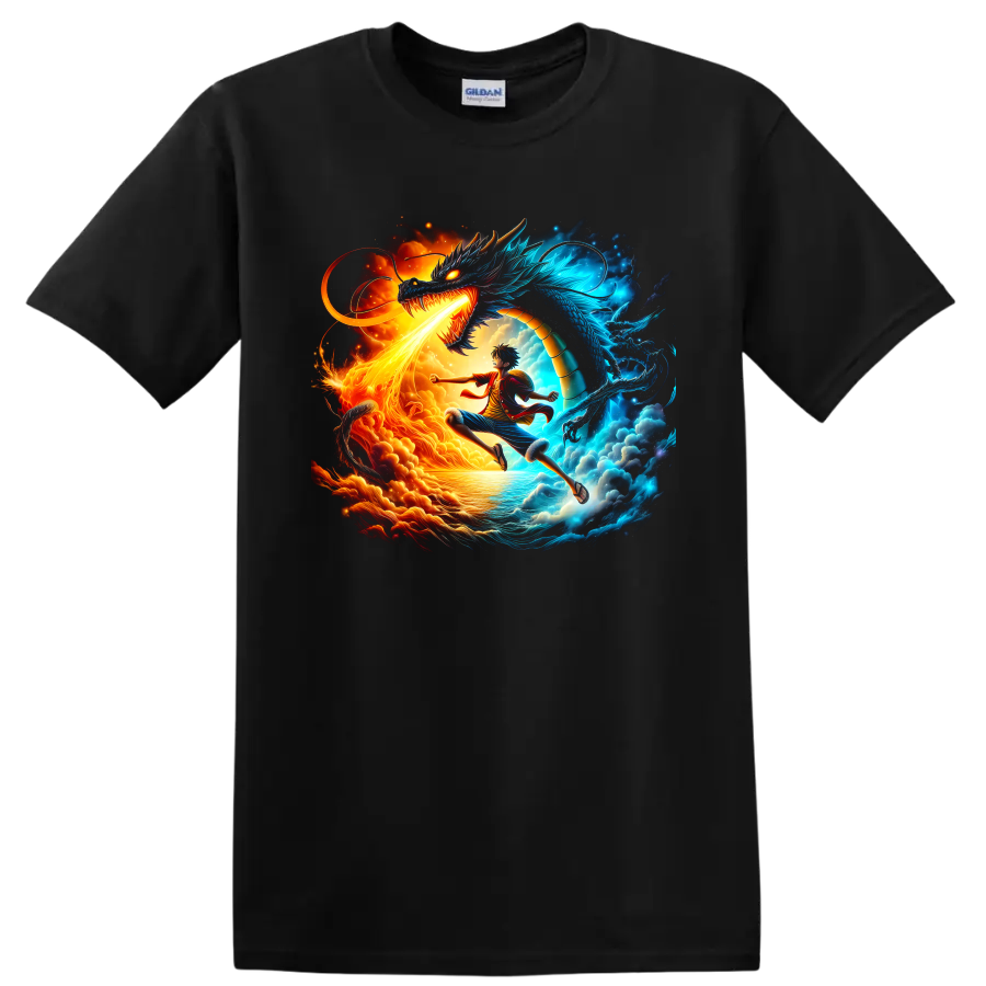 Monkey D. Luffy and Kaido One Piece fire and blue dragon battle graphic on a Black T Shirt