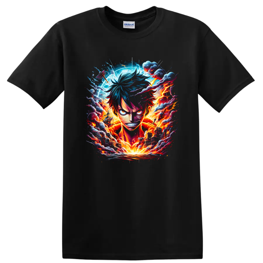 Monkey D. Luffy Bajrang Gun anime graphic with lightning, clouds, and fiery energy on a Black T Shirt