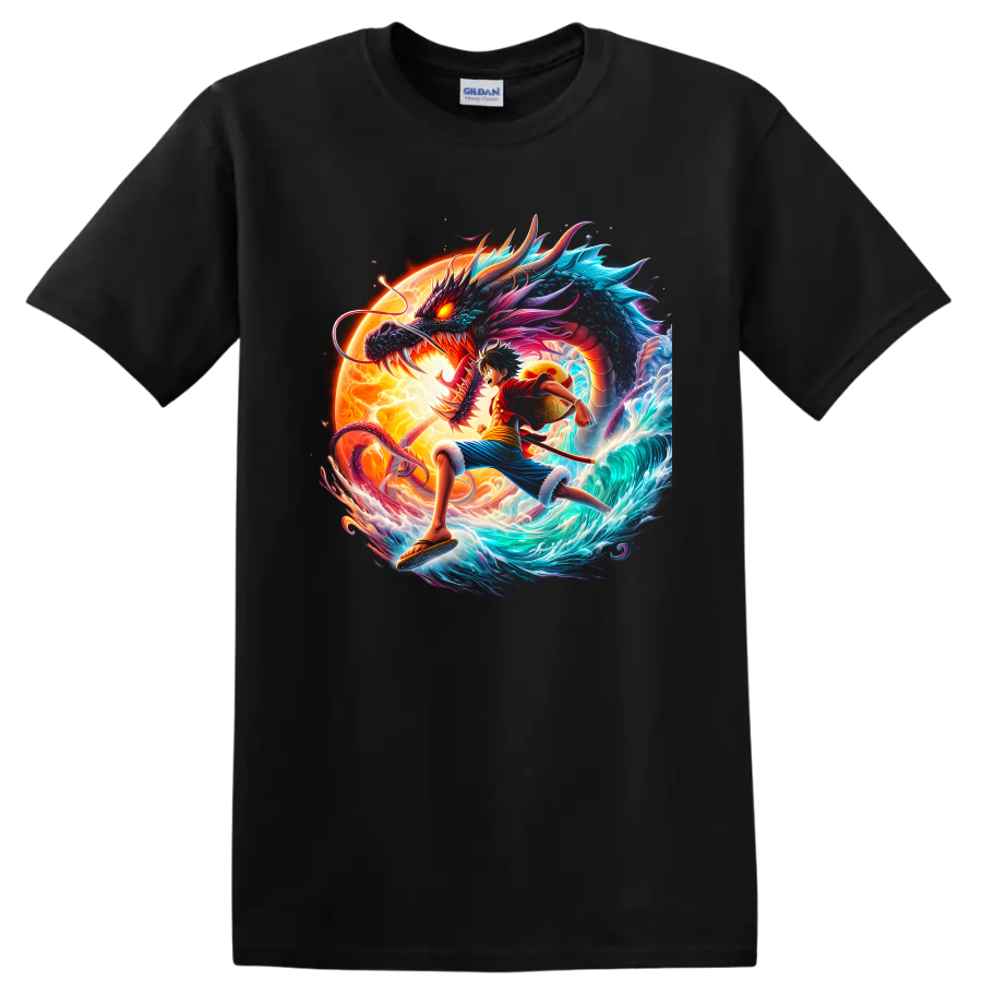 Monkey D. Luffy Gear 5 anime art with a dragon, glowing sun, and ocean waves on a Black T Shirt