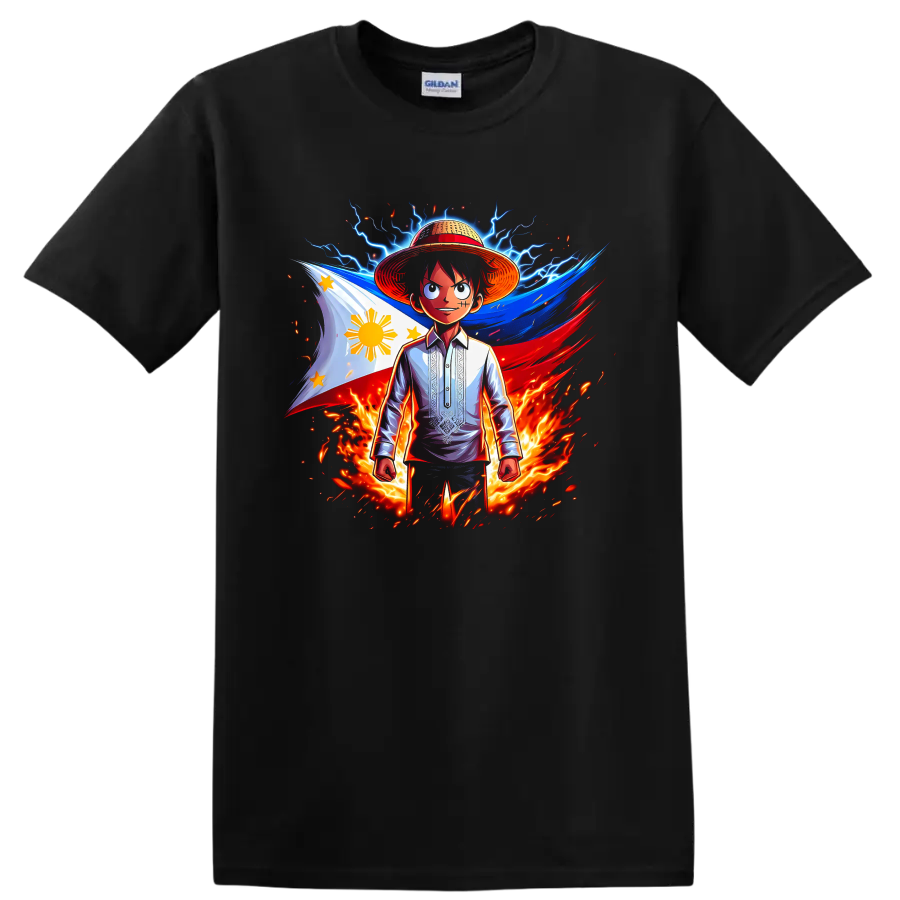Monkey D. Luffy with Philippine flag, lightning, flames, and dynamic anime art on a Black T Shirt