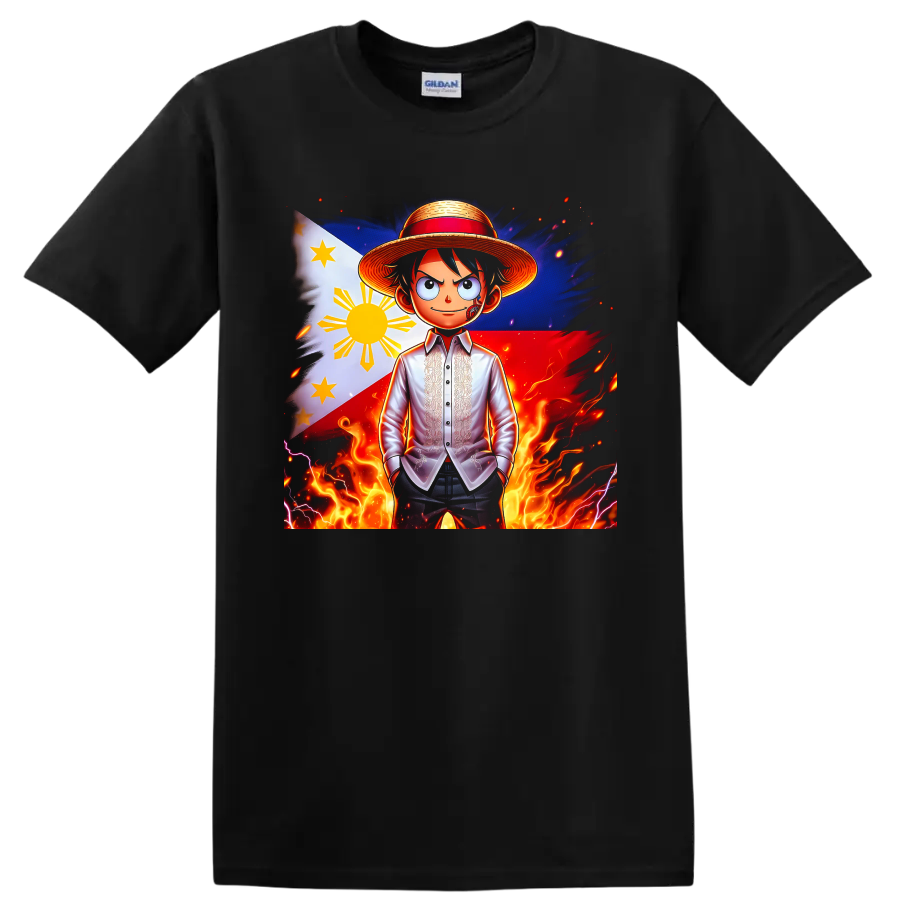 Monkey D. Luffy anime portrait with Philippine flag, straw hat, flames, and lightning on a Black T Shirt
