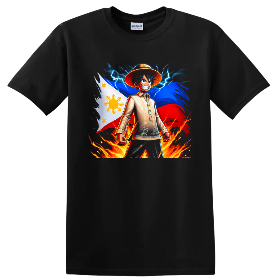 Monkey D. Luffy anime art with Philippine flag, lightning, storm clouds, and flames on a Black T Shirt