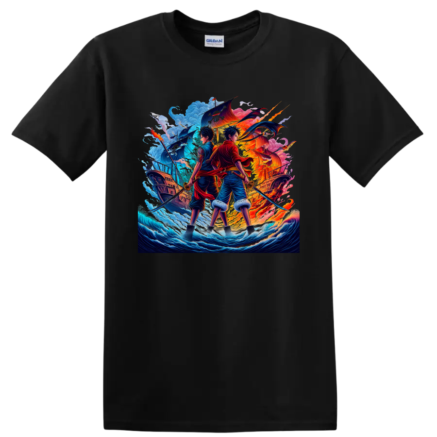 One Piece Luffy and Zoro anime-style pirate swordsmen with ships and ocean waves on a Black T Shirt